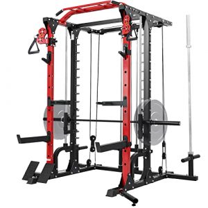 ER KANG Power Cage with LAT Pulldown System, 1200LB Capacity Weight Cage Squat Rack Home Gym with 360° Landmine, Dip Bars, Band Peg, and Other Attachments (2022 New Version)