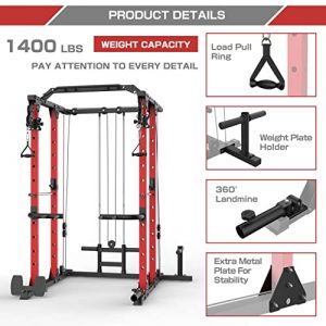 MAJOR LUTIE Power Cage, 1400 lbs Multi-Function Power Rack with Adjustable Cable Crossover System and More Training Attachment(Red)