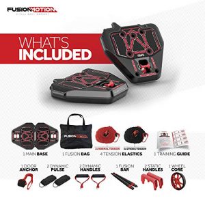 Fusion Motion Portable Gym with 8 Accessories Including Heavy Resistance Bands, Tricep Bar, Ab Roller Wheel, Pulleys and More - Full Body Workout Home Exercise Equipment to Build Muscle and Burn Fat