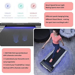 RHYTHM FUN Treadmill Under Desk Treadmill 2-in-1 Folding Running Walking Treadmill with Foldable Handtrail and Speed Sensor Light Slim Mini Quiet Treadmill with Smart Remote Workout App forHome/Office