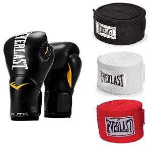 Everlast Black Elite Pro Style Training Boxing Gloves 14 Ounce and 120 Inch Hand Wraps (3 Pack)