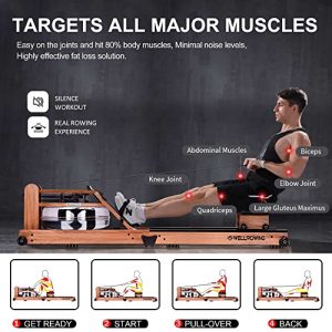 Foldable Water Rowing Machine for Home Gym Use, Red Walnut Wood Folding Rower with Bluetooth Monitor, (Dust Cover& Electric Pump Included)…