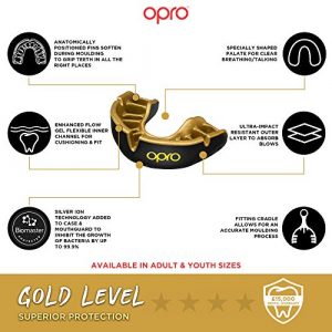 OPRO Gold Competition Level Adult and Youth Sports Mouthguard with Case, Gum Shield for Rugby, Hockey, Lacrosse, Boxing, MMA and Other Contact and Combat Sports (Youth, Black/Gold)