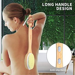 Metene Bamboo Body Brush with Stiff and Soft Natural Bristles, Back Scrubber for Shower with Long Handle, Dual-sided Brush Head for Wet or Dry Brushing, Exfoliating Skin and Clean the Body Easily