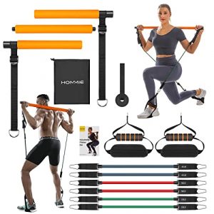 Hommie Pilates Bar Kit with Resistance Bands - Portable Pilates Exercise Bar Kit for Women & Men, 3-Section Stick Squat Yoga Pilates Flexbands (20,30,40LB) for Full Body Shaping Home Gym Office
