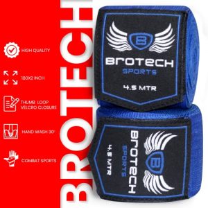 Brotech Professional Boxing Handwraps 4.5 Meter - 180 Inches Punching Bag Speed Ball Training Hand Protection for Kickboxing Muay Thai MMA Martial Arts (Blue)