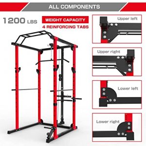 MAJOR LUTIE Power Cage, 1200LBS Power Rack with LAT Pull Down Pulley System and Landmine Attachment, Suitable for The Home Gym, Weight Cage with Dip Bar T bar J-Hook, Other Attachment(Red)
