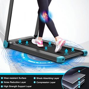 GYMAX Folding Treadmill, Smart APP Control Running Machine with LCD Monitor & Adjustable Device Holder, Portable Treadmill for Home Gym Small Apartment (Light Blue)
