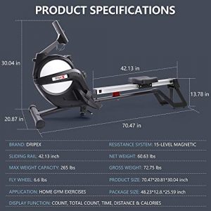 Dripex Magnetic Rowing Machine for Home Use, Super Silent Indoor Rower with 15-Level Adjustable Resistance, Double Aluminum Sliding Rail, LCD Monitor Fit for Home Gym, Cardio & Strength Training