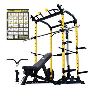 ToughFit Squat Rack Power Cage with Smith Machine - 1000 lbs Weight Cage with LAT Pull-Down Pulley System for Body Training Garage & Home Gym Equipment (Combo 2 with 1200lb bar)