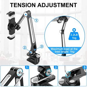 AboveTEK Sturdy iPad Holder, Aluminum Long Arm iPad Tablet Mount, 360° Swivel Tablet Stand & Phone Holder with Bracket Cradle Clamps 4