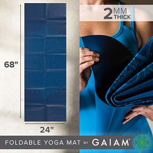Gaiam Yoga Mat Folding Travel Fitness & Exercise Mat | Foldable Yoga Mat for All Types of Yoga, Pilates & Floor Workouts, Blue Sundial, 2mm