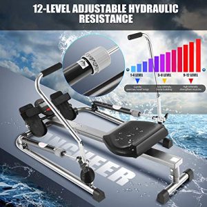 ANCHEER Rowing Machine, Foldable Rower for Home Exercise, with 12 Level Adjustable Hydraulic Resistance, LCD Monitor, Soft Seat, 250 LBS Max Weight (Gray)