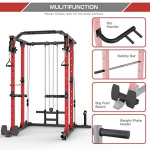 MAJOR LUTIE Power Cage, 1400 lbs Multi-Function Power Rack with Adjustable Cable Crossover System and More Training Attachment(Red)