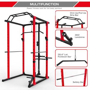 MAJOR LUTIE Power Cage, 1200LBS Power Rack with LAT Pull Down Pulley System and Landmine Attachment, Suitable for The Home Gym, Weight Cage with Dip Bar T bar J-Hook, Other Attachment(Red)