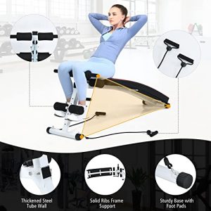 Goplus Multifunctional Sit up Bench for Full Body, 3 INCH Thickness Foldable Ab Bench with Detachable Stretch Ropes, Spring Puller, 4-Level Height Adjustable Workout Bench for Home Gym Fitness Strength Training Exercises