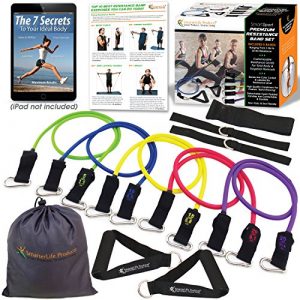 Exercise Bands for Working Out Arms, Legs and Butt – Resistance Bands with Handles for Women, Men – Physical Therapy, Fitness - 5 Bands, 2 Handles, Ankle Straps, Door Anchor, Premium Workout Guide
